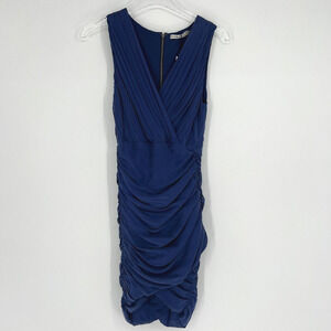 Alice‎ Olivia Dress Womens 0 Blue Wrap Ruched Bodycon Vneck Silk Blend Short